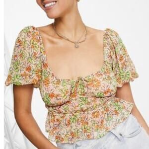 Miss Selfridge NEW Floral Milkmaid Top Womens Size 6 Pink Cropped Peplum ASOS